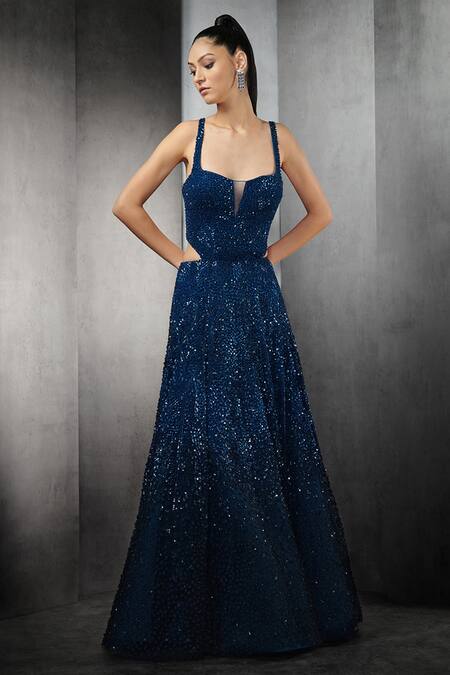 Buy_Rohit Gandhi + Rahul Khanna_Blue Tulle, Lining Shantoon And Hard Net Sequin & Embellished Gown With Cape _Online_at_Aza_Fashions