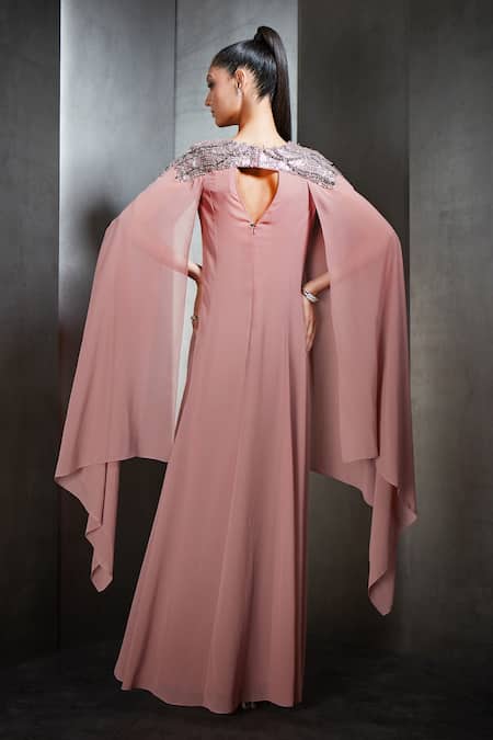 Shop Rohit Gandhi + Rahul Khanna Pink Georgette Embroidered Bead Work Round Cape Sleeve Long Gown at Aza Fashions Shop_Rohit Gandhi + Rahul Khanna_Pink Georgette Embroidered Bead Work Round Cape Sleeve Long Gown _at_Aza_Fashions