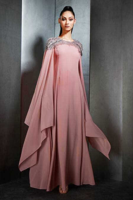 Rohit Gandhi + Rahul Khanna Pink Georgette Embroidered Bead Work Round Cape Sleeve Long Gown Online at Aza Fashions Rohit Gandhi + Rahul Khanna_Pink Georgette Embroidered Bead Work Round Cape Sleeve Long Gown _Online_at_Aza_Fashions