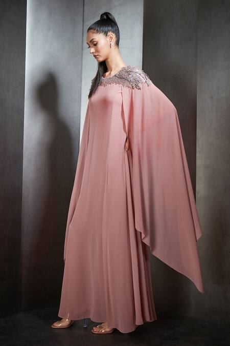 Buy Rohit Gandhi + Rahul Khanna Pink Georgette Embroidered Bead Work Round Cape Sleeve Long Gown Online at Aza Fashions Buy_Rohit Gandhi + Rahul Khanna_Pink Georgette Embroidered Bead Work Round Cape Sleeve Long Gown _Online_at_Aza_Fashions