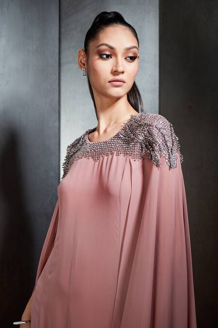 Shop Rohit Gandhi + Rahul Khanna Pink Georgette Embroidered Bead Work Round Cape Sleeve Long Gown Online at Aza Fashions Shop_Rohit Gandhi + Rahul Khanna_Pink Georgette Embroidered Bead Work Round Cape Sleeve Long Gown _Online_at_Aza_Fashions