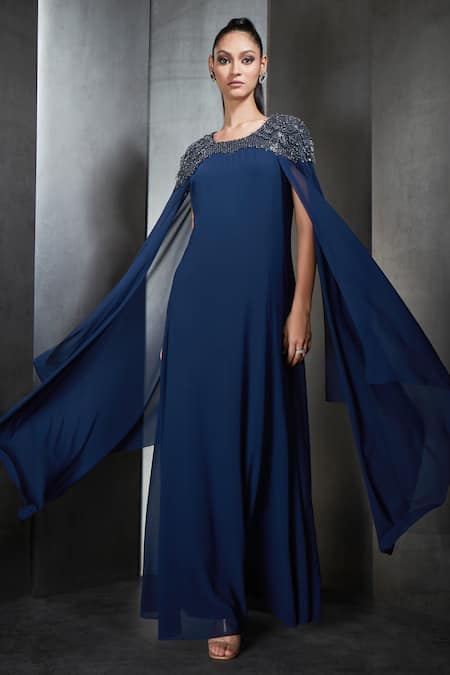 Navy Blue Gown In Net With A One Side Long Cape Sleeves