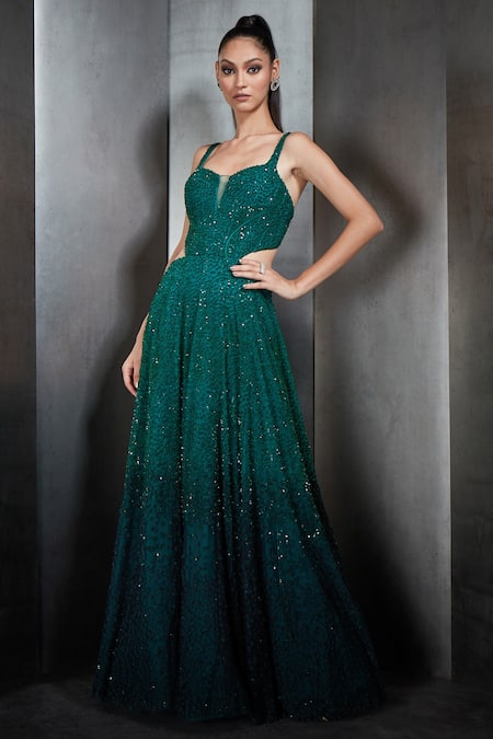 Rohit Gandhi + Rahul Khanna Green Tulle Embellished Sequin And Crystals Scoop Neck Ombre Gown 