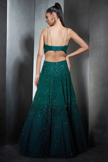 Shop_Rohit Gandhi + Rahul Khanna_Green Tulle Sequin And Crystals Scoop Neck Embellished Ombre Gown _at_Aza_Fashions
