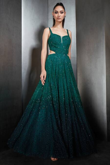 Rohit Gandhi + Rahul Khanna_Green Tulle Sequin And Crystals Scoop Neck Embellished Ombre Gown _Online_at_Aza_Fashions