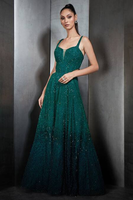 Buy_Rohit Gandhi + Rahul Khanna_Green Tulle Sequin And Crystals Scoop Neck Embellished Ombre Gown _Online_at_Aza_Fashions