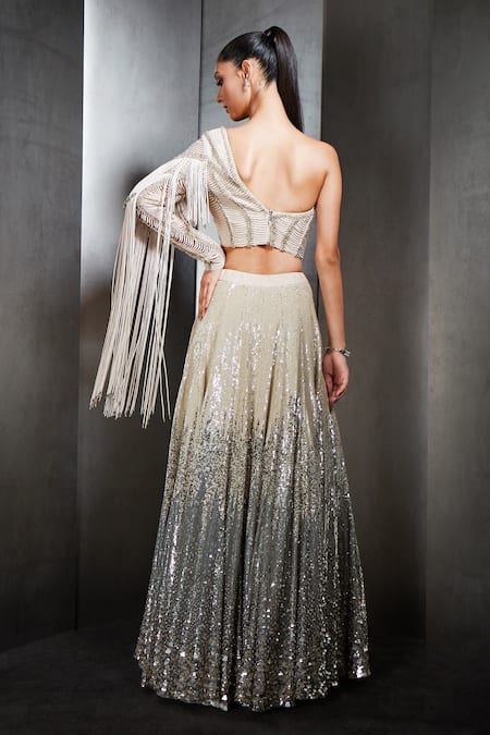Shop_Rohit Gandhi + Rahul Khanna_Silver Tulle And Georgette Sequins, Crystals One Ombre Lehenga & Blouse Set _at_Aza_Fashions