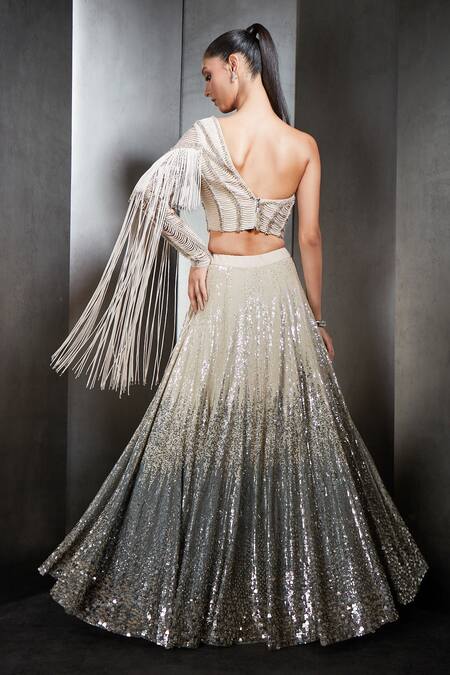 Rohit Gandhi + Rahul Khanna_Silver Tulle And Georgette Sequins, Crystals One Ombre Lehenga & Blouse Set _Online_at_Aza_Fashions
