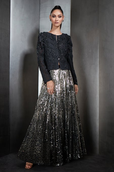 Rohit Gandhi + Rahul Khanna_Silver Tulle Sequins Round Jacket And Ombre Lehenga Set _Online_at_Aza_Fashions