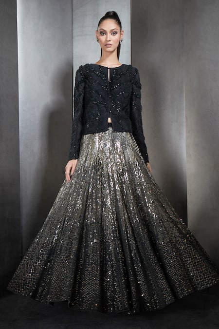 Buy_Rohit Gandhi + Rahul Khanna_Silver Tulle Sequins Round Jacket And Ombre Lehenga Set _Online_at_Aza_Fashions