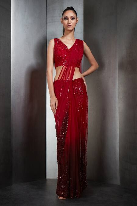 Rohit Gandhi + Rahul Khanna_Red Tulle Sequins Ombre Pre-draped Saree _Online_at_Aza_Fashions