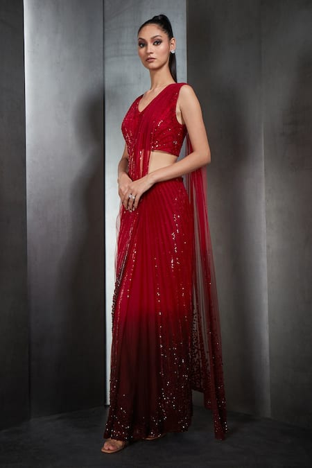 Buy_Rohit Gandhi + Rahul Khanna_Red Tulle Sequins Ombre Pre-draped Saree _Online_at_Aza_Fashions
