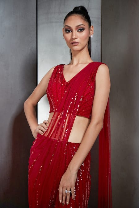Shop_Rohit Gandhi + Rahul Khanna_Red Tulle Sequins Ombre Pre-draped Saree _Online_at_Aza_Fashions
