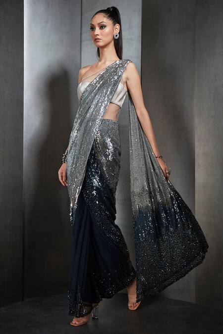Buy_Rohit Gandhi + Rahul Khanna_Silver Tulle Sequins One Shoulder Ombre Saree Gown _Online_at_Aza_Fashions