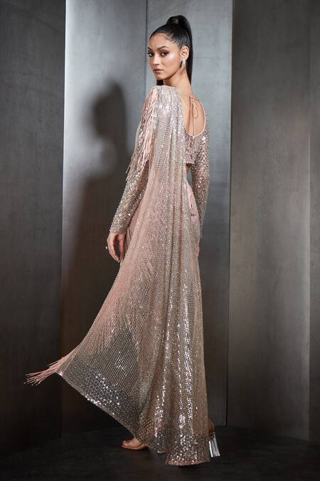 Shop Rohit Gandhi + Rahul Khanna Pink Poly Georgette Fringed Pre-draped Saree at Aza Fashions Shop_Rohit Gandhi + Rahul Khanna_Pink Poly Georgette Fringed Pre-draped Saree _at_Aza_Fashions