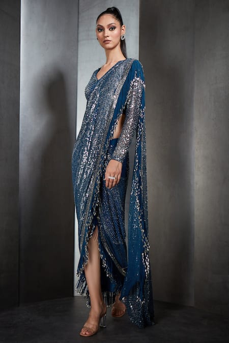 Rohit Gandhi + Rahul Khanna_Blue Poly Georgette Fringed V Neck Pre-draped Saree With Blouse _Online_at_Aza_Fashions