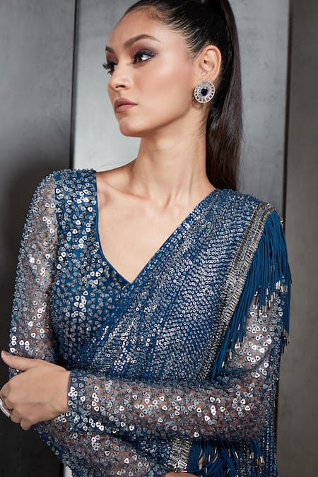Buy_Rohit Gandhi + Rahul Khanna_Blue Poly Georgette Fringed V Neck Pre-draped Saree With Blouse _Online_at_Aza_Fashions