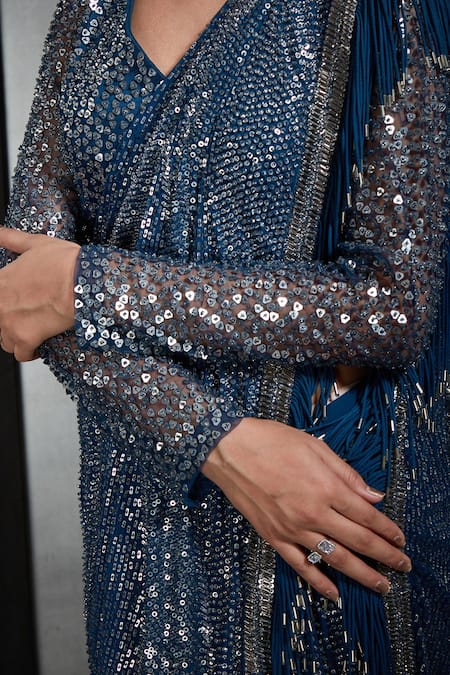 Shop_Rohit Gandhi + Rahul Khanna_Blue Poly Georgette Fringed V Neck Pre-draped Saree With Blouse _Online_at_Aza_Fashions