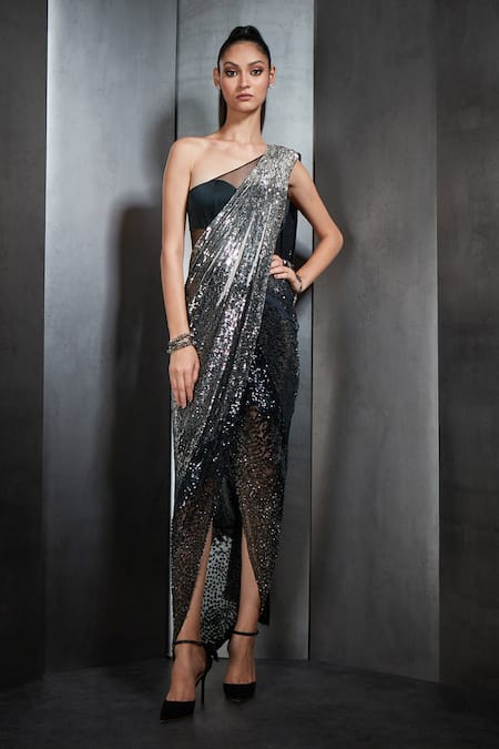 Rohit Gandhi + Rahul Khanna Sequin Embroidered Saree Gown 