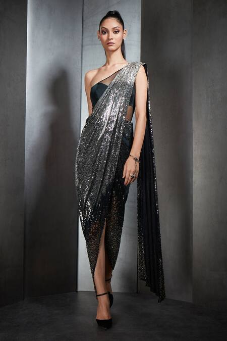Rohit Gandhi + Rahul Khanna_Black Net Sequins One Shoulder Embroidered Saree Gown _Online_at_Aza_Fashions