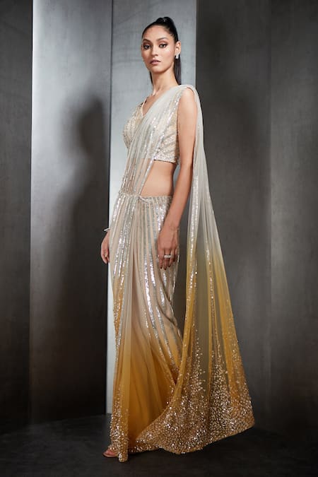Buy_Rohit Gandhi + Rahul Khanna_Beige Tulle Sequins Ombre Pre-draped Saree _Online_at_Aza_Fashions
