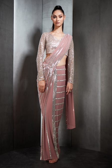 Rohit Gandhi + Rahul Khanna Pink Tulle Embroidered Striped Pattern Pre-draped Saree 