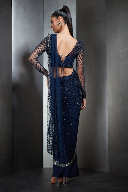 Shop Rohit Gandhi + Rahul Khanna Blue Georgette Sequin, Crystals And Beads Hand Embellished Pre-stitched Saree at Aza Fashions Shop_Rohit Gandhi + Rahul Khanna_Blue Georgette Sequin, Crystals And Beads Hand Embellished Pre-stitched Saree _at_Aza_Fashions