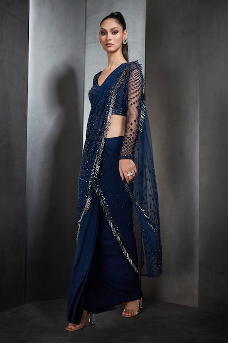 Rohit Gandhi + Rahul Khanna Blue Georgette Sequin, Crystals And Beads Hand Embellished Pre-stitched Saree Online at Aza Fashions Rohit Gandhi + Rahul Khanna_Blue Georgette Sequin, Crystals And Beads Hand Embellished Pre-stitched Saree _Online_at_Aza_Fashions