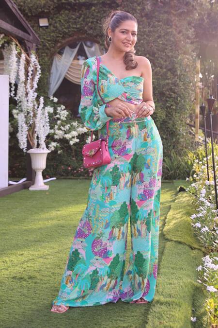 PS Pret By Payal Singhal_Blue Crepe Kuno Print One Shoulder Top And Palazzo Set _Online_at_Aza_Fashions