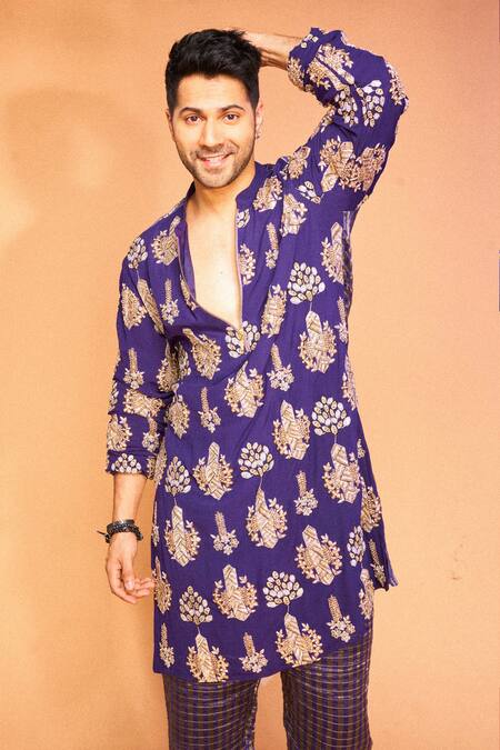 Shop_PS Men by Payal Singhal_Purple Georgette Embroidery Thread Kurta And Jogger Set _at_Aza_Fashions