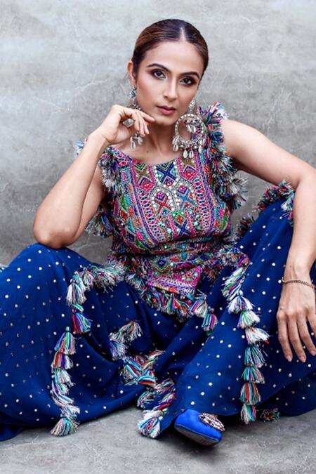 Buy_Payal Singhal_Blue Georgette Mukaish Work, Sequins, Floral Embroidered Choli And Sharara Set _Online_at_Aza_Fashions