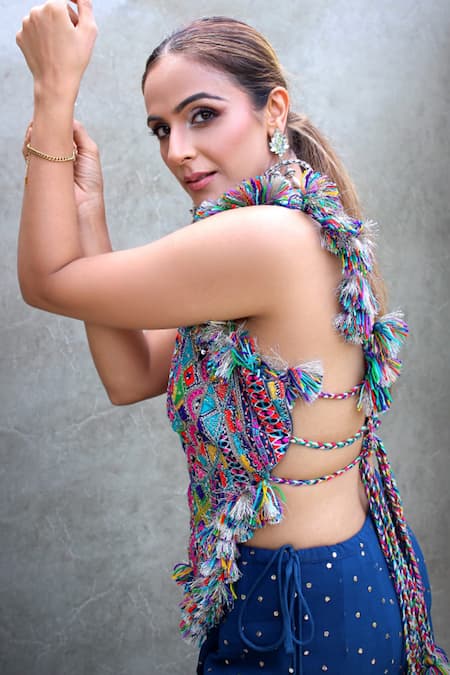 Shop_Payal Singhal_Blue Georgette Mukaish Work, Sequins, Floral Embroidered Choli And Sharara Set _Online_at_Aza_Fashions