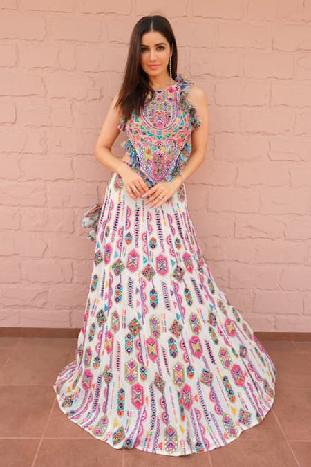 Shop Payal Singhal White Georgette Sequins, Thread Work High Floral Embroidered Choli And Lehenga Set Online at Aza Fashions Shop_Payal Singhal_White Georgette Sequins, Thread Work High Floral Embroidered Choli And Lehenga Set _Online_at_Aza_Fashions