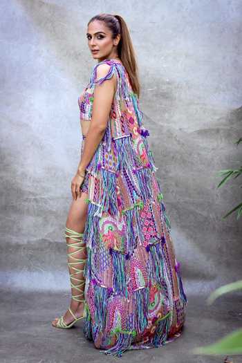 Payal Singhal_Multi Color Crepe, Georgette Sequins, Thread Work, African Jacket Shorts Set_Online_at_Aza_Fashions
