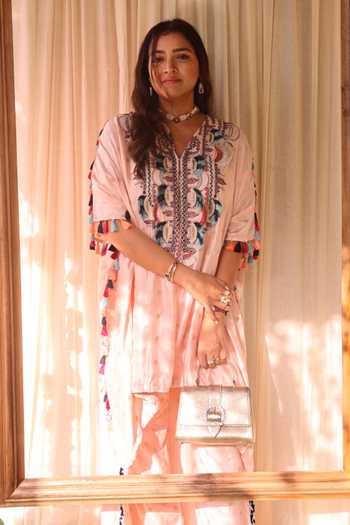 Payal Singhal Pink Silk Floral Print, Sequins, Thread Work V Neck Kaftan And Jogger Pant Set Online at Aza Fashions Payal Singhal_Pink Silk Floral Print, Sequins, Thread Work V Neck Kaftan And Jogger Pant Set _Online_at_Aza_Fashions