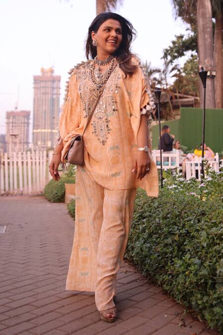 Payal Singhal_Orange Crepe Sequins, Thread Work, Paisley Print V Neck Kaftan And Palazzo Set_Online_at_Aza_Fashions