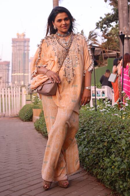 Buy_Payal Singhal_Orange Crepe Sequins, Thread Work, Paisley Print V Neck Kaftan And Palazzo Set_Online_at_Aza_Fashions