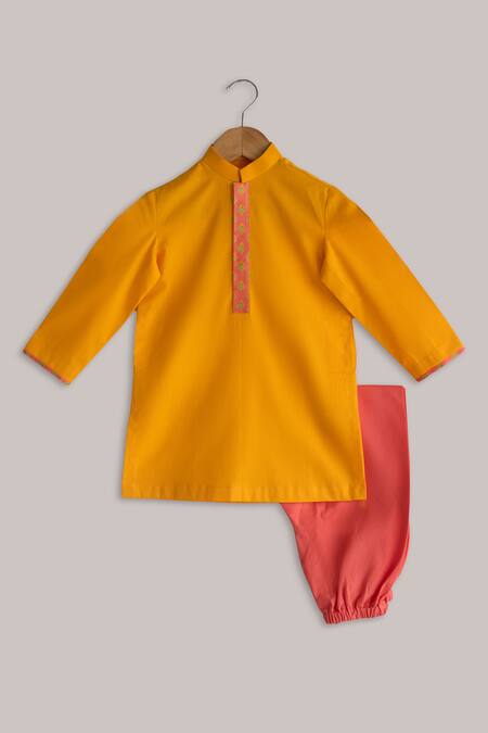 Minikin_Pink Cotton, Silk Embroidery Peacock Feather Print Bundi Kurta Set _Online_at_Aza_Fashions