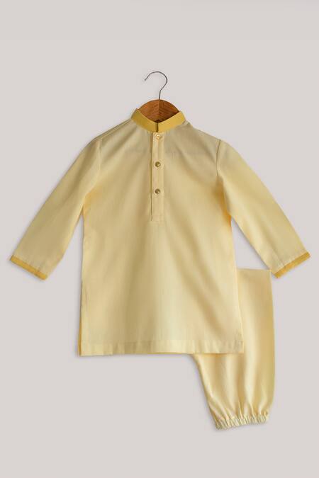 Minikin_Yellow Cotton, Silk Mirrors Floral Moti Work Bundi Kurta Set _Online_at_Aza_Fashions