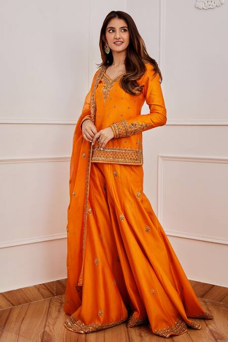 Shop Jigar Mali Orange Chanderi And Organza Lining Shantoon Sequin, Dori & Kurta Sharara Set at Aza Fashions Shop_Jigar Mali_Orange Chanderi And Organza Lining Shantoon Sequin, Dori & Kurta Sharara Set_at_Aza_Fashions