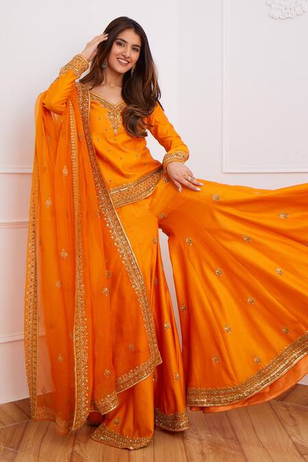 Jigar Mali Orange Chanderi And Organza Lining Shantoon Sequin, Dori & Kurta Sharara Set Online at Aza Fashions Jigar Mali_Orange Chanderi And Organza Lining Shantoon Sequin, Dori & Kurta Sharara Set_Online_at_Aza_Fashions