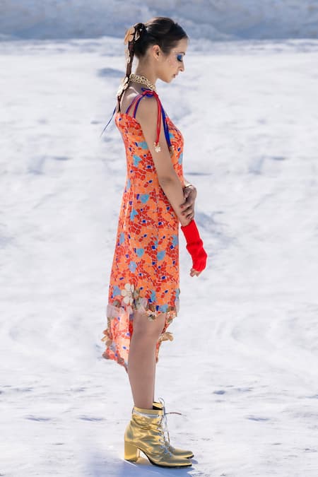 Shop Etasha By Asha Jain Orange Crepe Geometric Print, Applique Metallic Flowers, French Strappy Dress at Aza Fashions Shop_Etasha By Asha Jain_Orange Crepe Geometric Print, Applique Metallic Flowers, French Strappy Dress _at_Aza_Fashions