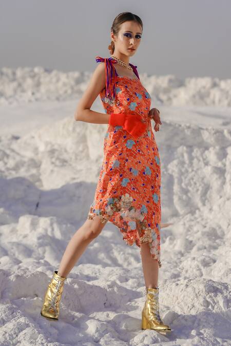 Etasha By Asha Jain Orange Crepe Geometric Print, Applique Metallic Flowers, French Strappy Dress Online at Aza Fashions Etasha By Asha Jain_Orange Crepe Geometric Print, Applique Metallic Flowers, French Strappy Dress _Online_at_Aza_Fashions