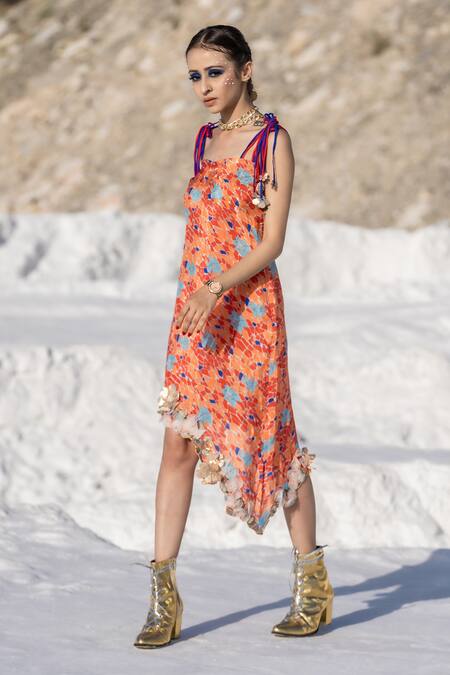 Buy Etasha By Asha Jain Orange Crepe Geometric Print, Applique Metallic Flowers, French Strappy Dress Online at Aza Fashions Buy_Etasha By Asha Jain_Orange Crepe Geometric Print, Applique Metallic Flowers, French Strappy Dress _Online_at_Aza_Fashions