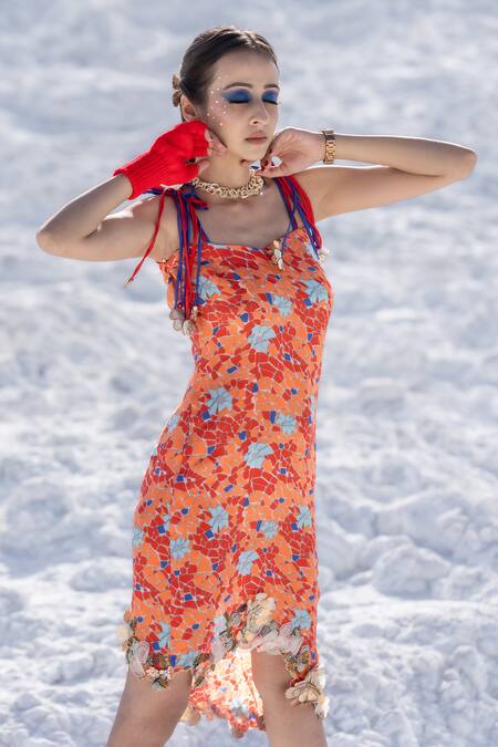 Shop Etasha By Asha Jain Orange Crepe Geometric Print, Applique Metallic Flowers, French Strappy Dress Online at Aza Fashions Shop_Etasha By Asha Jain_Orange Crepe Geometric Print, Applique Metallic Flowers, French Strappy Dress _Online_at_Aza_Fashions