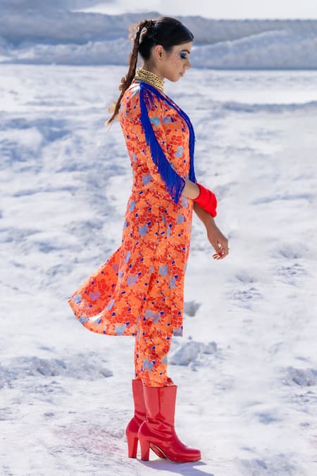 Shop Etasha By Asha Jain Orange Satin Geometric Print And Fringe V Neck Tunic & Pant Set at Aza Fashions Shop_Etasha By Asha Jain_Orange Satin Geometric Print And Fringe V Neck Tunic & Pant Set _at_Aza_Fashions