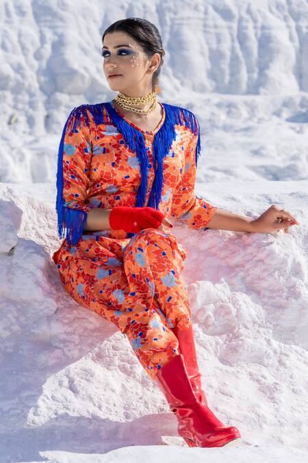 Buy Etasha By Asha Jain Orange Satin Geometric Print And Fringe V Neck Tunic & Pant Set Online at Aza Fashions Buy_Etasha By Asha Jain_Orange Satin Geometric Print And Fringe V Neck Tunic & Pant Set _Online_at_Aza_Fashions