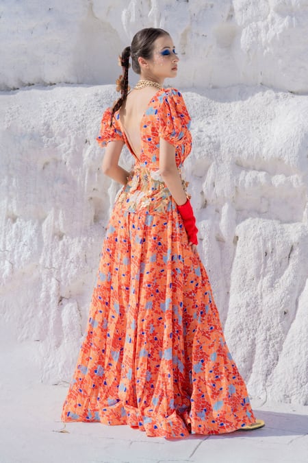 Shop_Etasha by Asha Jain_Orange Habutai Silk And Embellishment Geometric V Top & Palazzo Set _at_Aza_Fashions