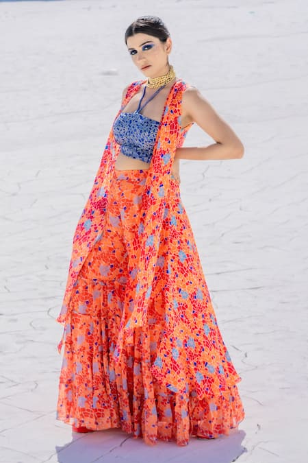 Shop_Etasha By Asha Jain_Orange Satin, Organza And Georgette Geometric Print, Cape & Tiered Pant Set _at_Aza_Fashions