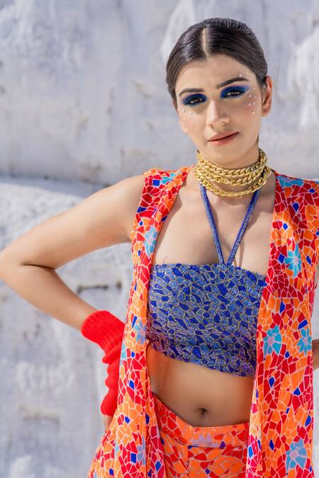 Buy_Etasha By Asha Jain_Orange Satin, Organza And Georgette Geometric Print, Cape & Tiered Pant Set _Online_at_Aza_Fashions